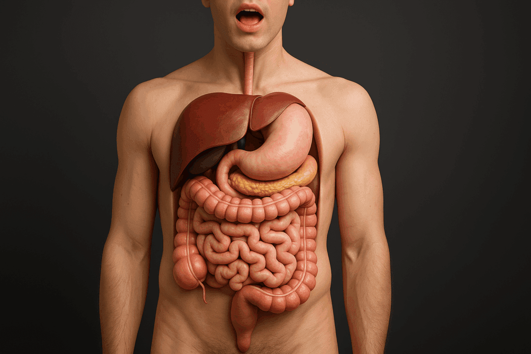 3D anatomical illustration of the Human Digestive System showing organs like the liver, stomach, intestines, and pancreas inside a male torso.