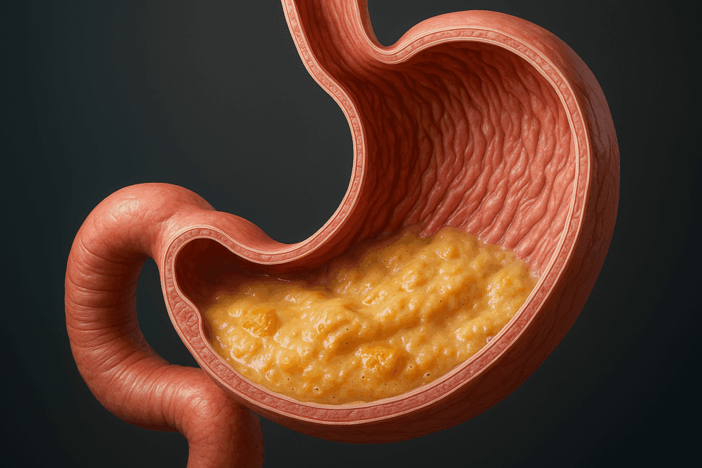 3D anatomical cutaway of the human stomach showing internal regions and food digestion in the Human Digestive System.