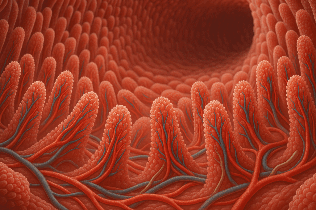 Microscopic view of the small intestine in the Human Digestive System showing villi and microvilli absorbing nutrients into blood and lymph vessels