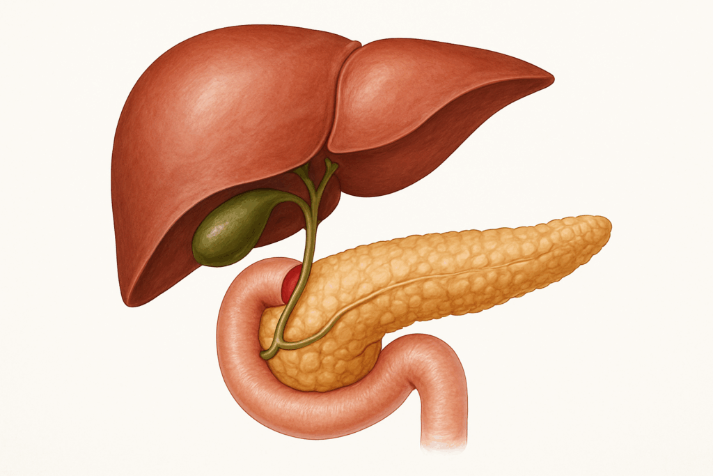 Realistic medical illustration of the human digestive system showing the liver, gallbladder, pancreas, and duodenum in anatomical position.