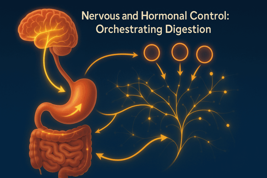 Infographic showing neural and hormonal pathways controlling the Human Digestive System, including brain, stomach, intestines, and signal flow.
