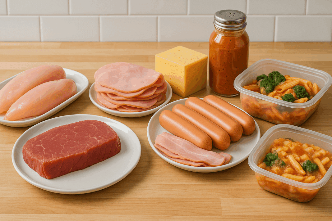 Wooden kitchen counter displaying fresh chicken, beef, processed meats, and sodium-rich foods illustrating the question: Is Meat a Good Source of Sodium