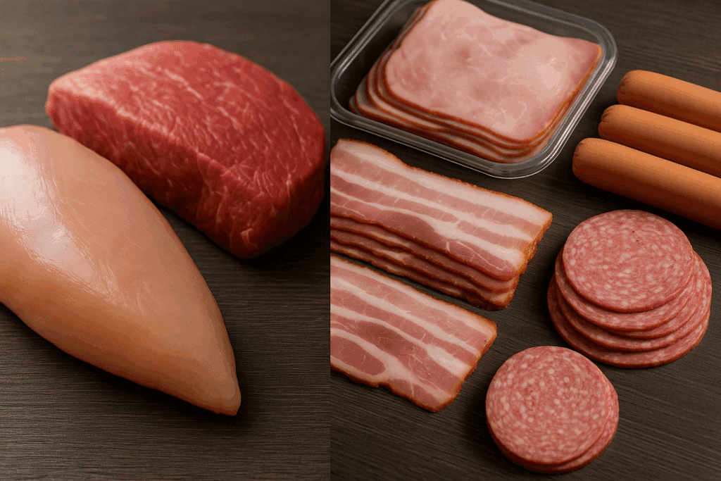 Fresh chicken breast and beef next to processed meats like bacon and hot dogs, illustrating the answer to “Is Meat a Good Source of Sodium”
