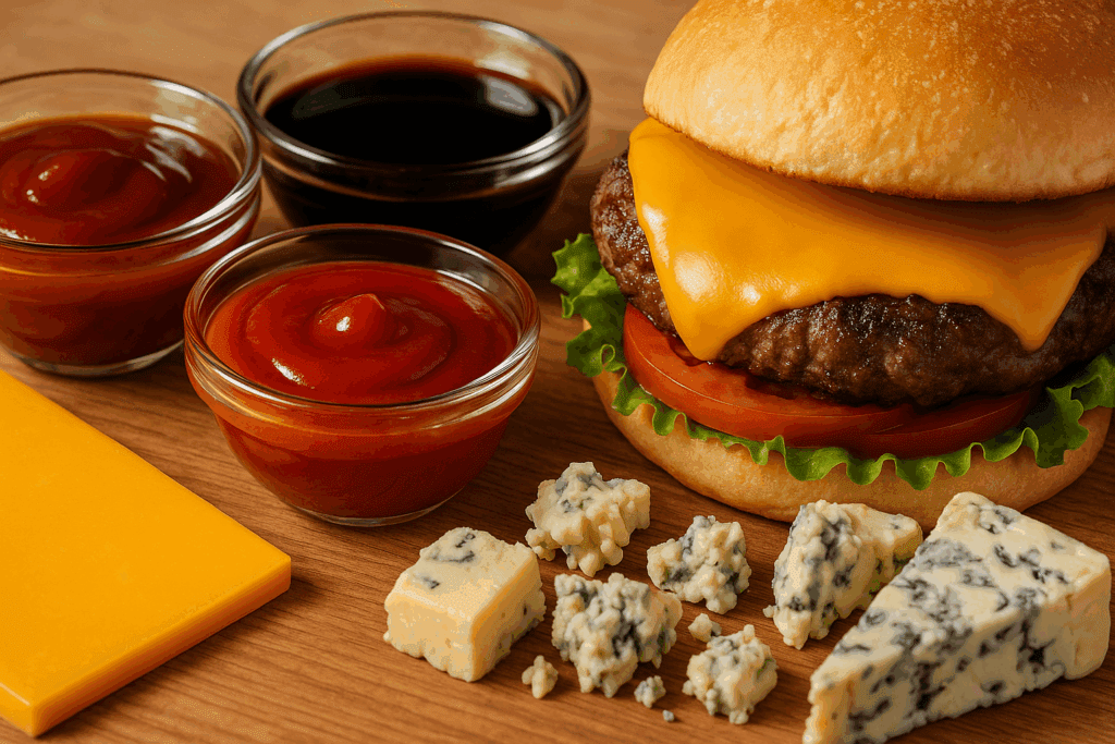 Burger with cheddar cheese surrounded by barbecue sauce, soy sauce, ketchup, and blue cheese, illustrating high-sodium toppings for “Is Meat a Good Source of Sodium” topic.