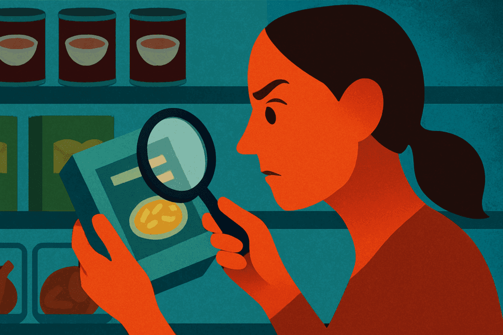 Shopper closely examining a food label on packaged meat in a grocery store aisle, questioning: Is Meat a Good Source of Sodium?