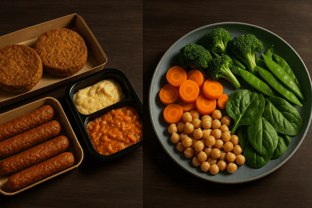 Comparison of processed plant-based meals and fresh vegetables illustrating the question: Is Meat a Good Source of Sodium"