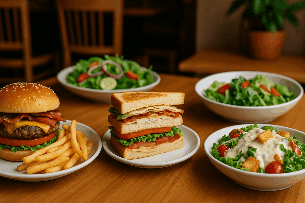 Restaurant table with burger, fries, sandwich, and creamy salad in focus, highlighting how dining out answers the question Is Meat a Good Source of Sodium.