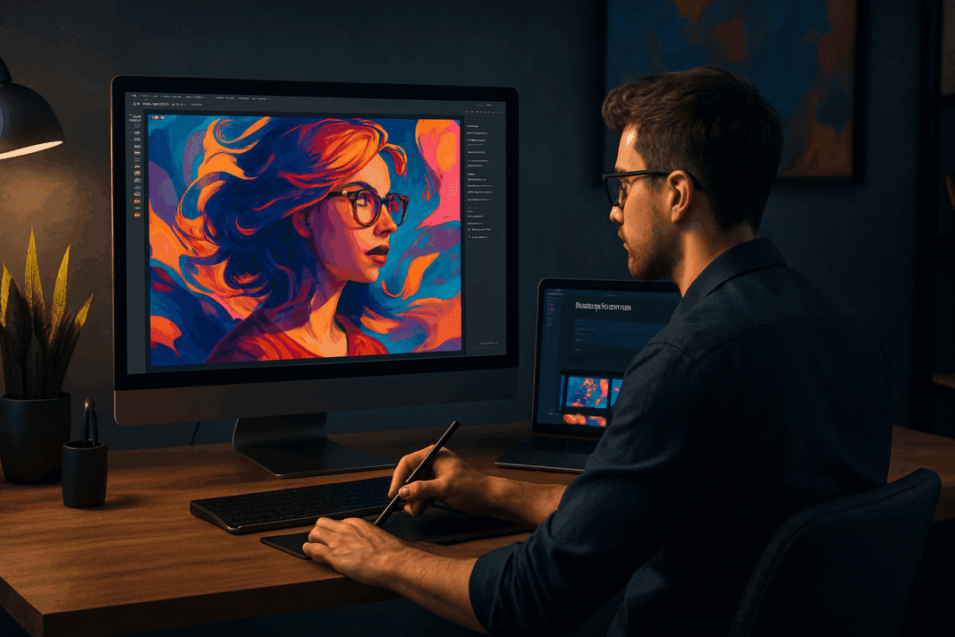 Modern workspace with a visual strategist editing artwork on screen, reflecting the concept of 'Is water a macro or a micro nutrient' through digital creativity.