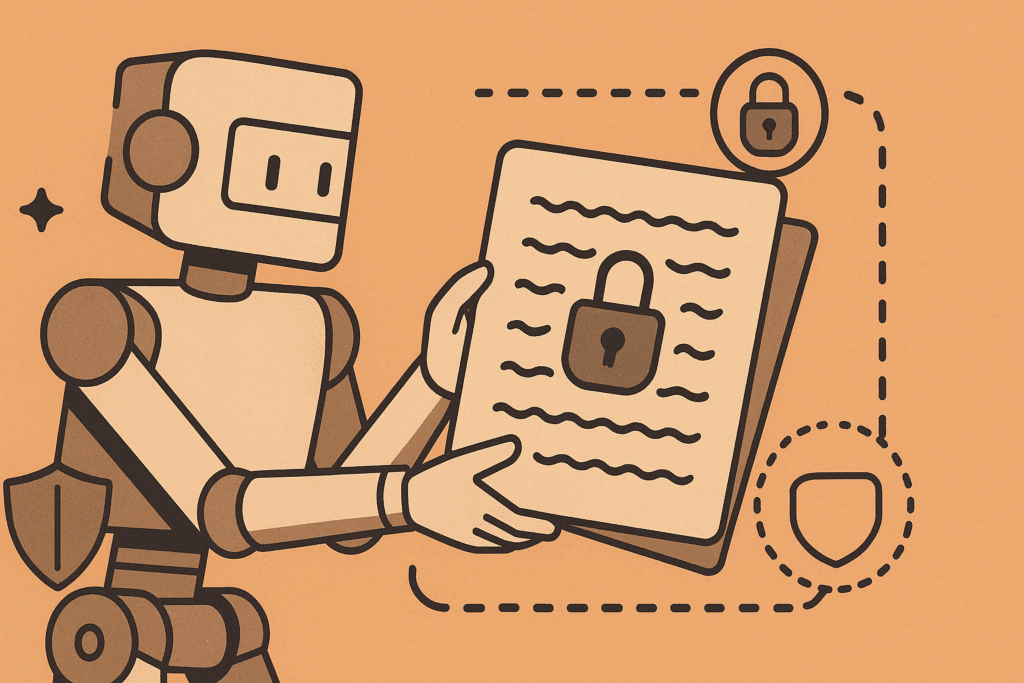 Robot securing a locked document with symbolic shields and padlocks, representing strict rules in AI systems, tied to the question is water a macro or a micro nutrient.