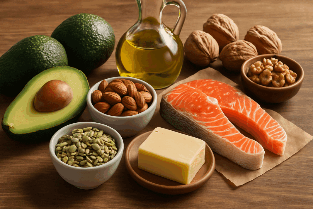 Assortment of whole foods rich in healthy fats illustrating lipids in foods, including avocado, salmon, nuts, seeds, olive oil, and butter on a wooden table.