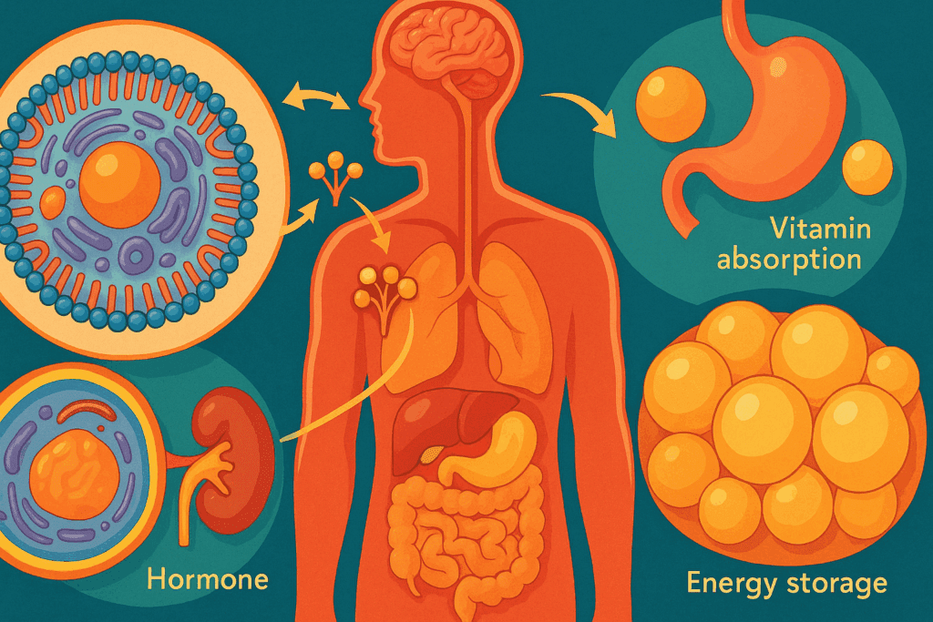 Anatomical-style illustration showing how lipids in foods support hormone production, vitamin absorption, energy storage, and cell membrane structure.