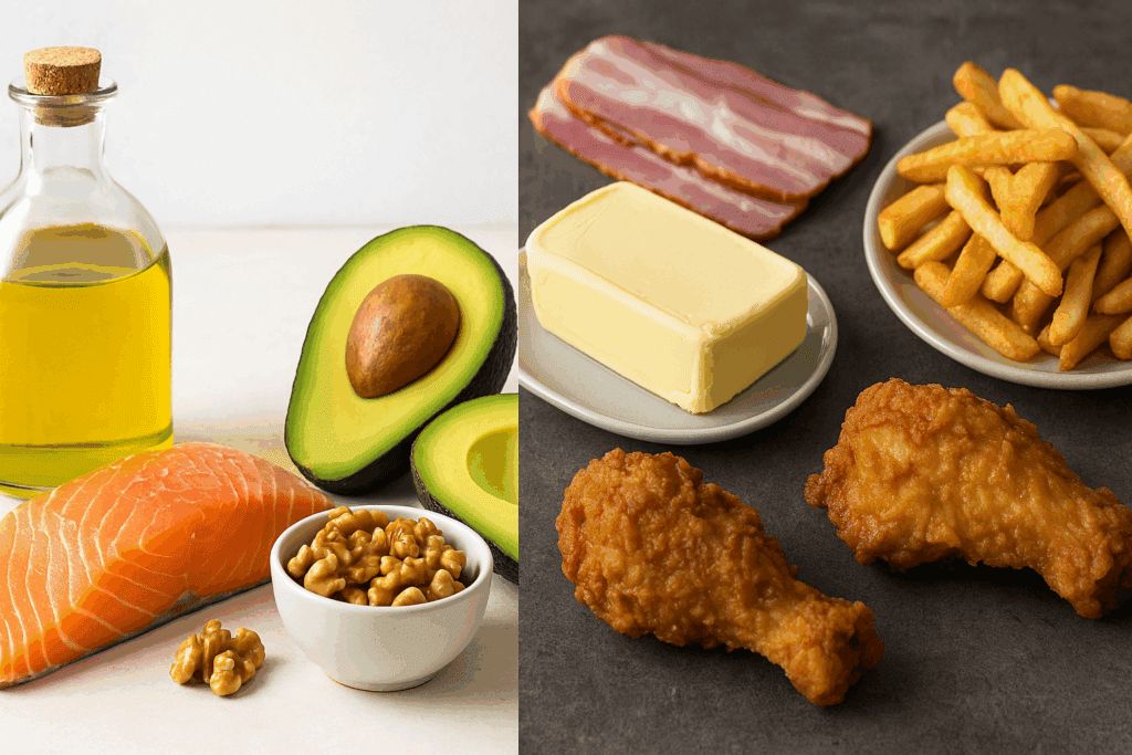 Side-by-side display of Lipids in Foods, contrasting healthy fats like olive oil and salmon with unhealthy options like fried chicken and margarine