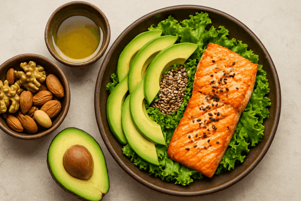 Grilled salmon with avocado slices, olive oil, nuts, and seeds on rustic dishware—whole ingredients rich in lipids in foods.