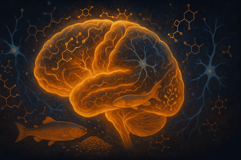 Glowing human brain formed from swirling lipids, neurons, and omega-3-rich foods like fish and flaxseeds, symbolizing Lipids in Foods and mental health.