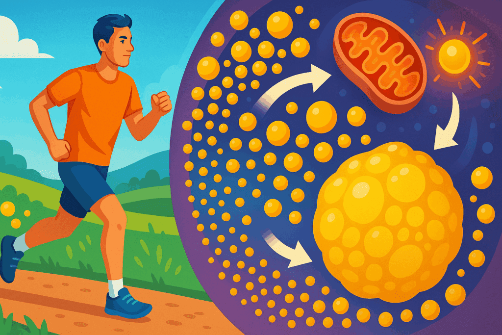 Jogger on a trail with a cellular view of fat metabolism illustrating how the body uses lipids in foods for energy.