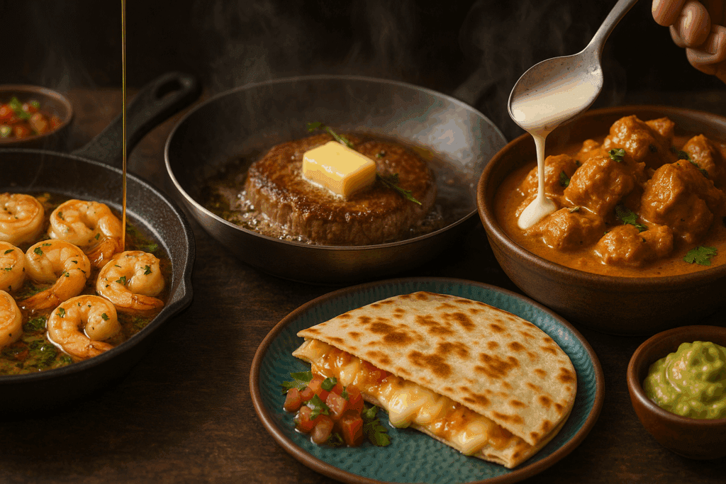 Multicultural dishes sizzling with oils, butter, and cream highlight the role of lipids in foods across global cuisines.
