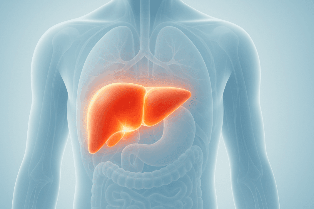 Medical illustration of liver function in the digestive system showing a glowing healthy liver within the upper torso alongside digestive organs