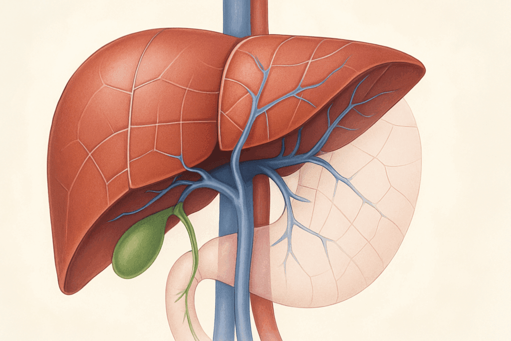 Anatomical illustration of the human liver showing lobes, bile ducts, and blood vessels that support liver function in the digestive system
