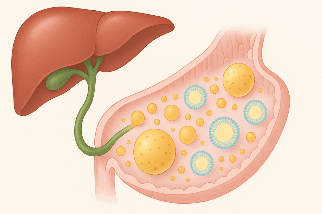 Illustration of liver function in the digestive system showing bile flowing into the small intestine to emulsify fat droplets and form micelles.