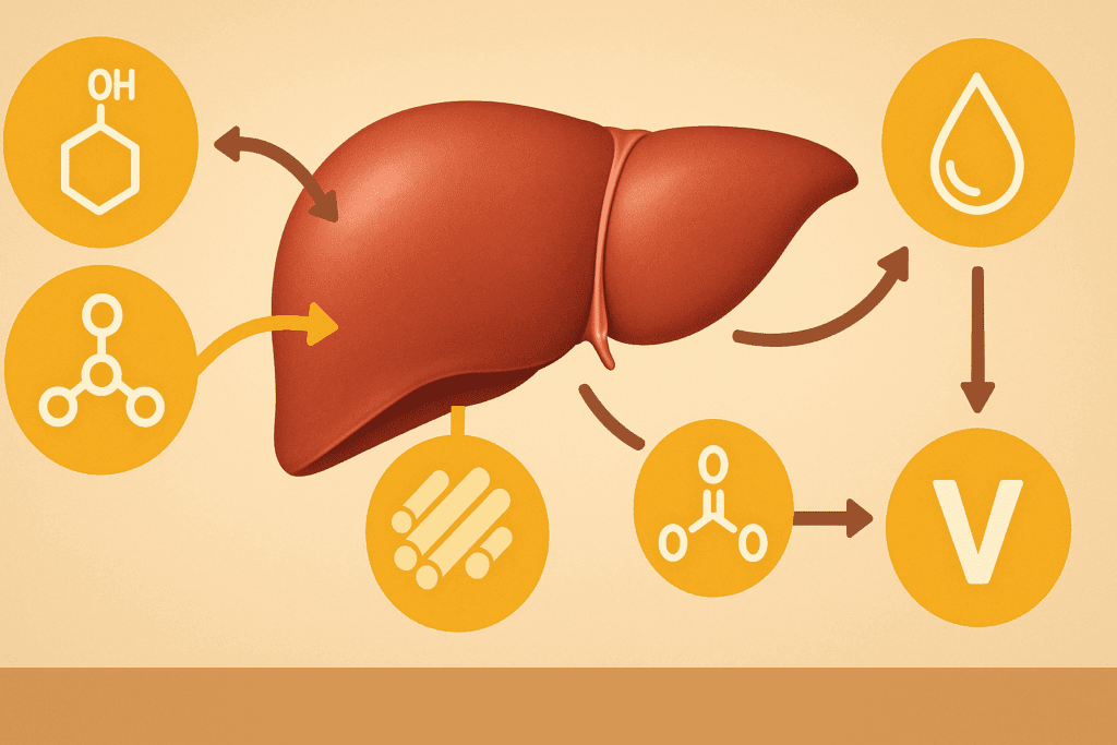 3D infographic showing liver function in the digestive system with symbolic arrows for glucose storage, amino acid breakdown, fat metabolism, and vitamin storage.