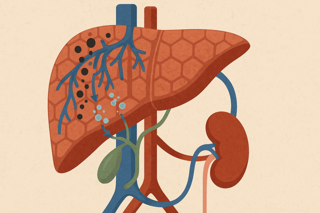 Illustration of liver function in the digestive system showing blood vessels delivering toxins, liver lobules filtering them, and waste exiting to kidneys and gallbladder.