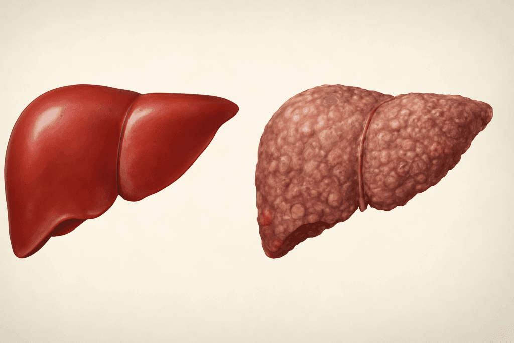 Side-by-side medical rendering of a healthy liver and a cirrhotic liver, illustrating impaired liver function in the digestive system