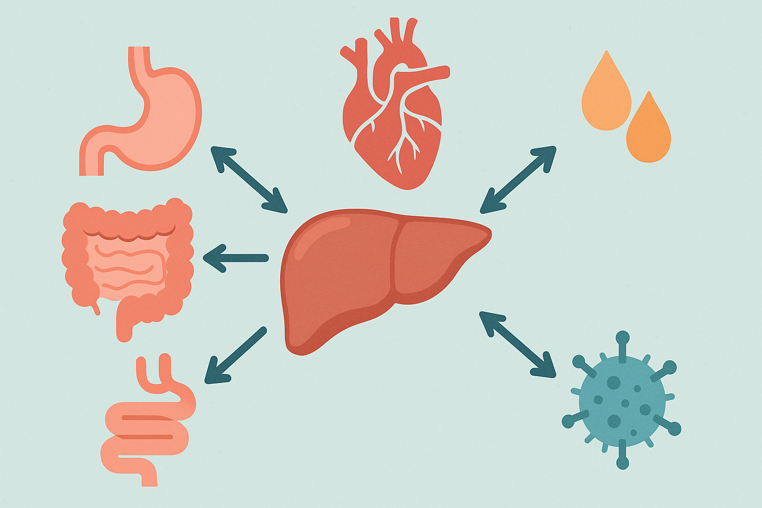 Diagram showing liver function in the digestive system with arrows linking the liver to the stomach, intestines, heart, hormones, and immune cells.