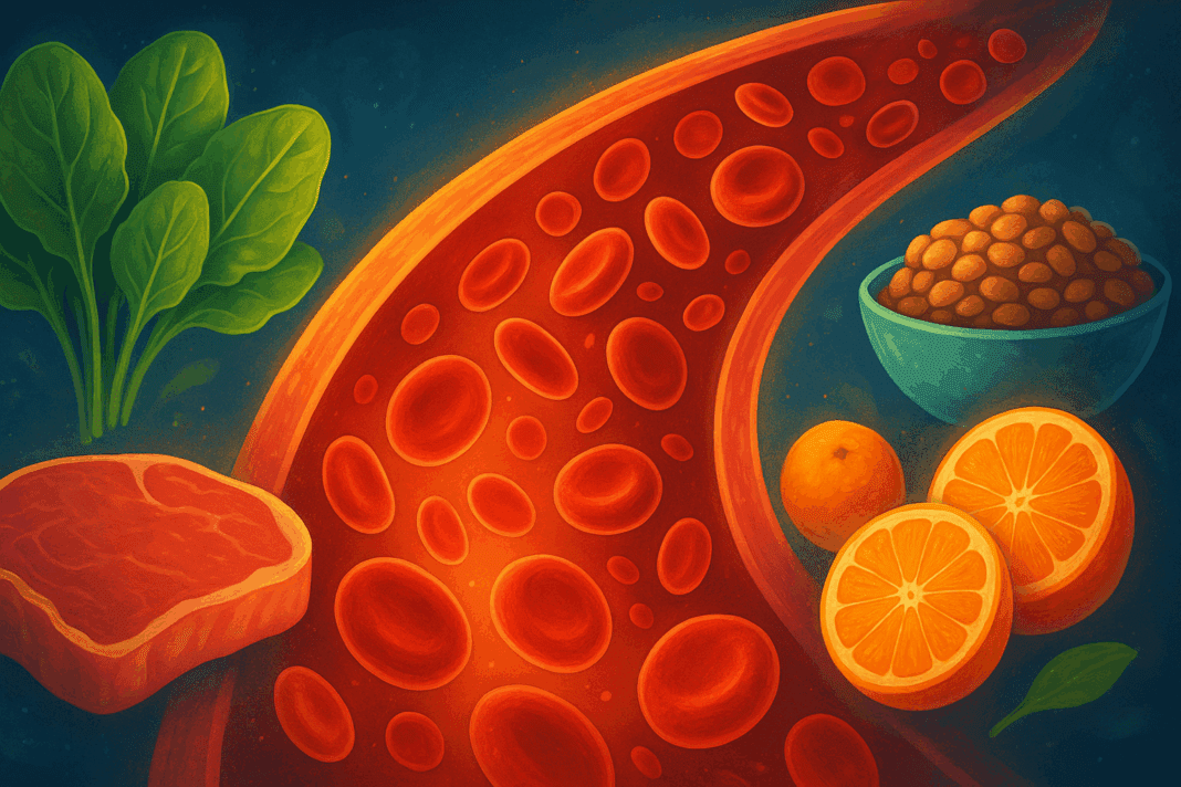 Conceptual illustration of blood cells flowing through an artery surrounded by spinach, meat, beans, oranges, and cereal—foods answering what nutrient is anemia related to?