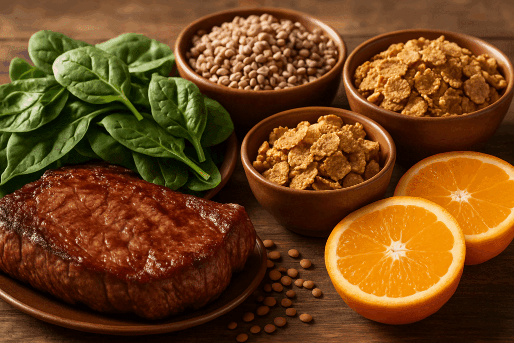 Iron-rich foods including steak, spinach, lentils, fortified cereal, and oranges on a wooden table illustrating What Nutrient Is Anemia Related To?