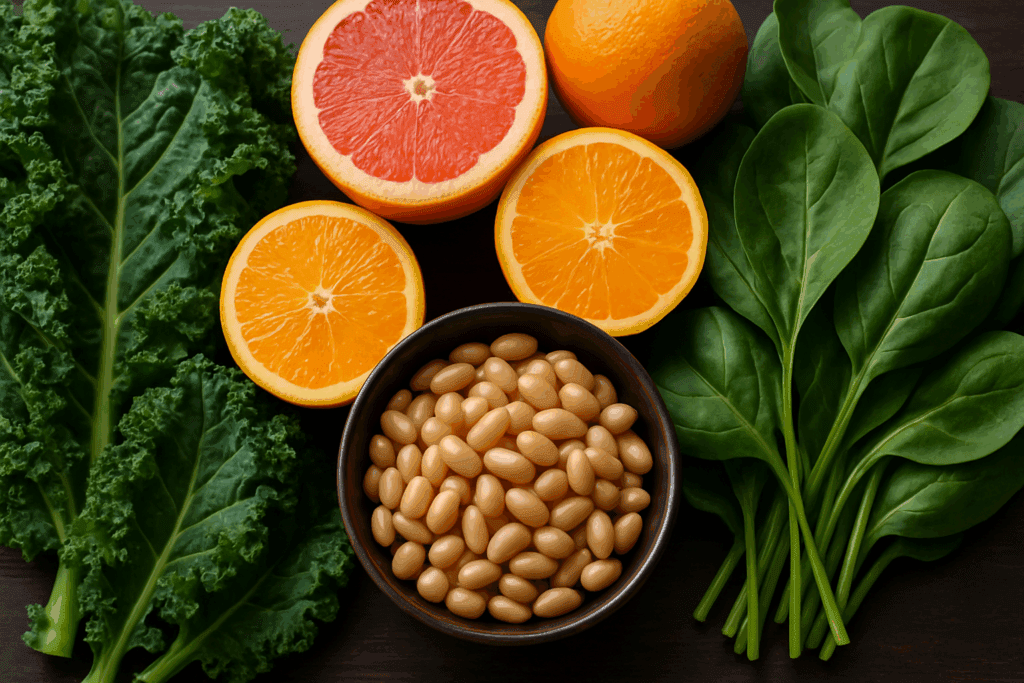 Fresh kale, spinach, citrus fruits, and cooked beans arranged to highlight dietary sources linked to What Nutrient Is Anemia Related To?