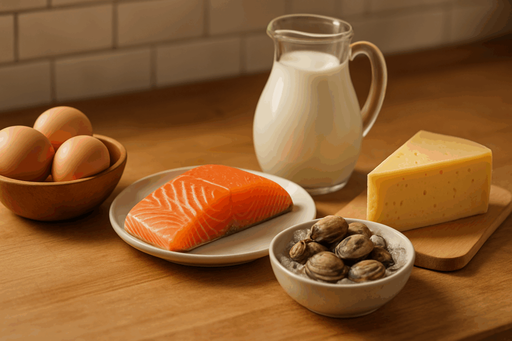 Salmon, eggs, cheese, milk, and clams displayed in a kitchen still life illustrating foods high in vitamin B12 for answering what nutrient is anemia related to.