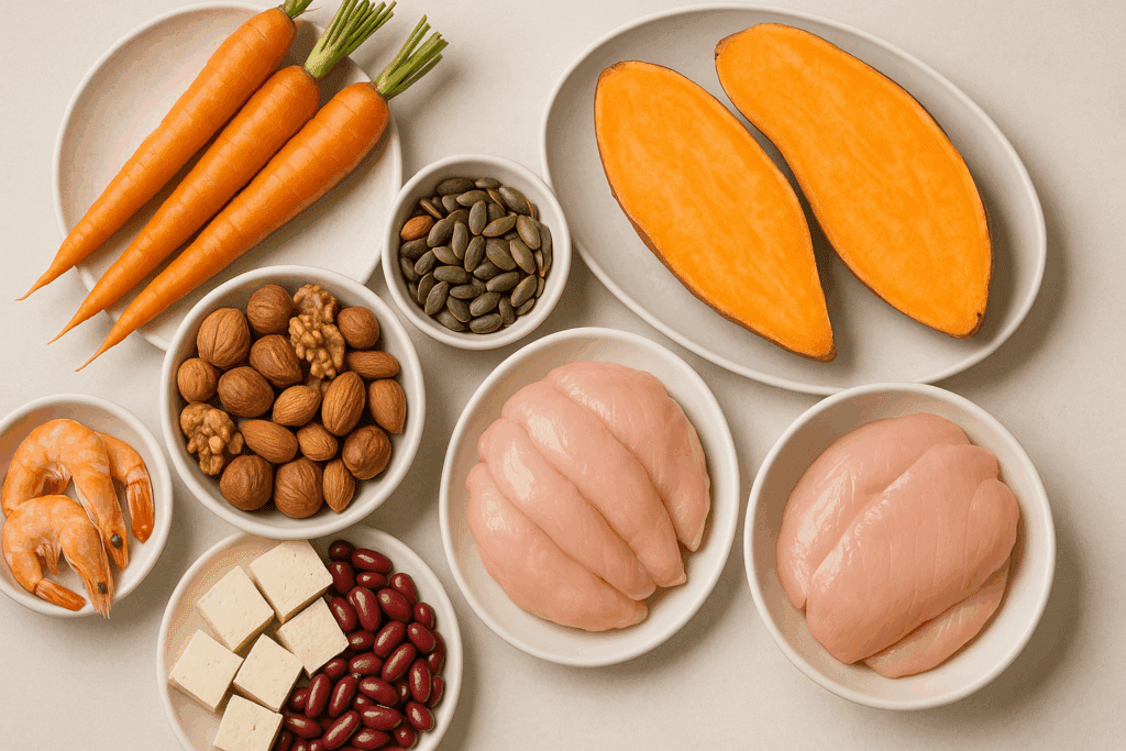 Clean plates of carrots, sweet potatoes, nuts, seeds, shrimp, chicken breast, beans, and tofu—foods highlighting What Nutrient Is Anemia Related To?