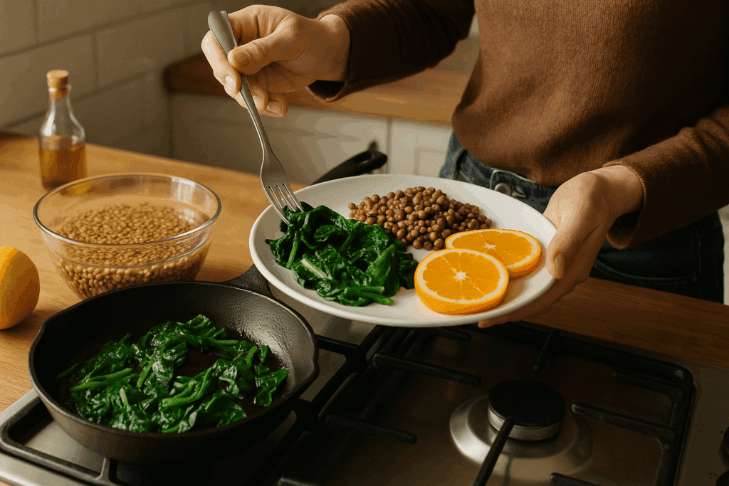 Person plating sautéed spinach, lentils, and citrus in a kitchen, illustrating dietary answers to “What Nutrient Is Anemia Related To?”