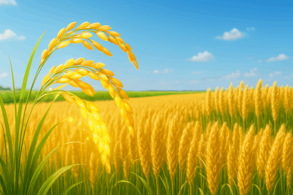Golden biofortified rice grains glowing under a blue sky in nutrient-rich fields, symbolizing food solutions to “What Nutrient Is Anemia Related To?”