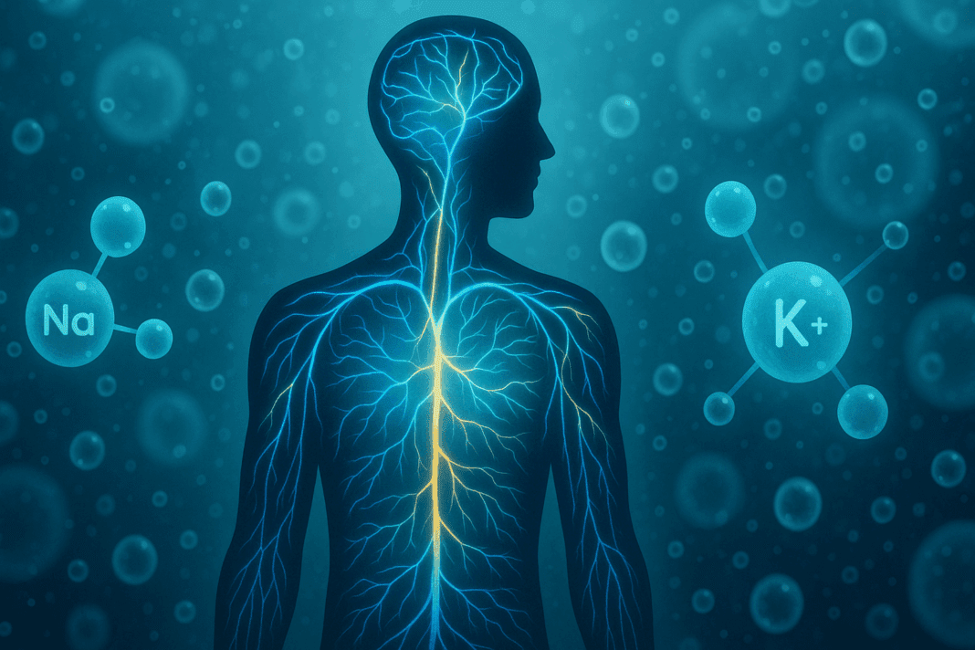 Human silhouette with glowing nerve pathways and molecular icons of sodium and potassium, illustrating normal sodium levels in cellular fluid.