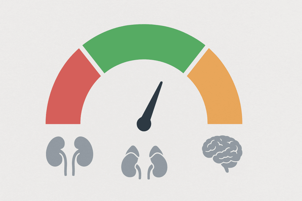 Gauge chart illustrating Normal Sodium Levels with green zone between low and high, and icons for kidneys, adrenal glands, and brain