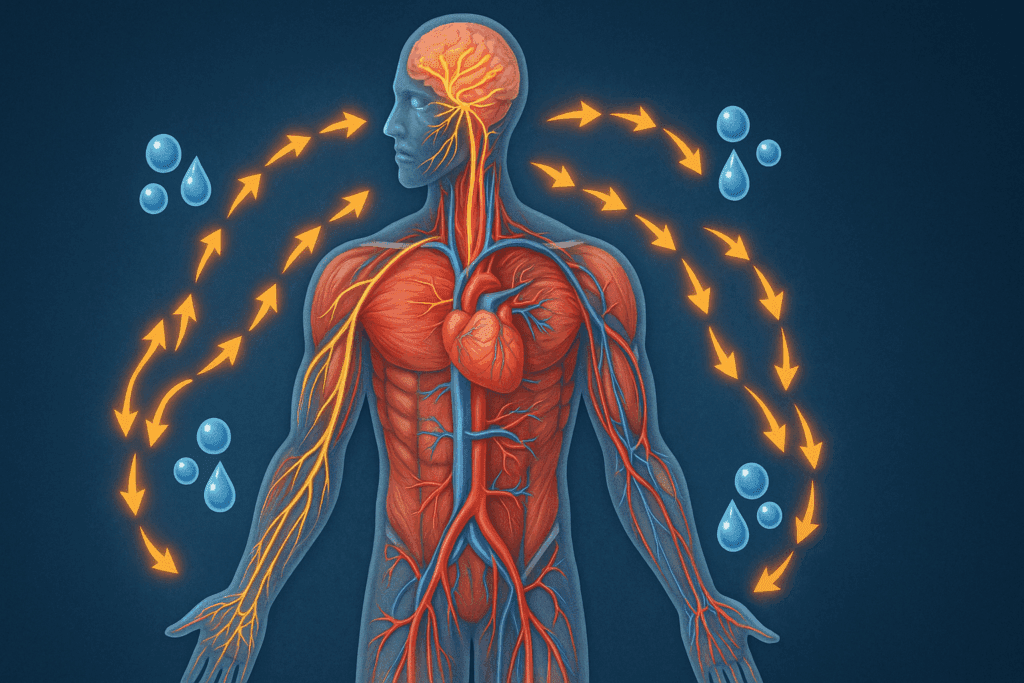 Medical illustration showing how normal sodium levels support nerve signals, muscle contraction, and hydration balance in the human body