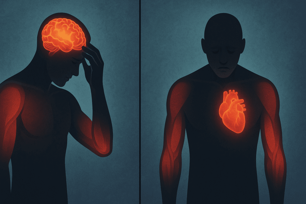 Side-by-side illustration showing symptoms of low sodium and low potassium, highlighting brain fog, muscle cramps, and heart arrhythmia to contrast with normal sodium levels.
