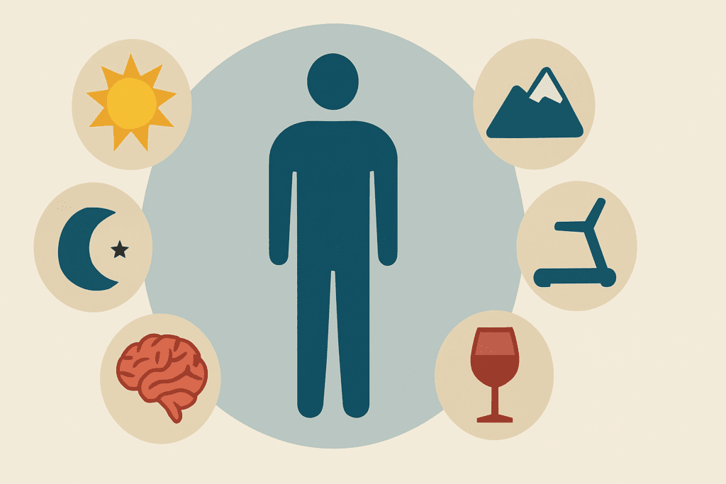 Infographic showing lifestyle and environmental factors like sleep, stress, alcohol, and exercise that influence normal sodium levels
