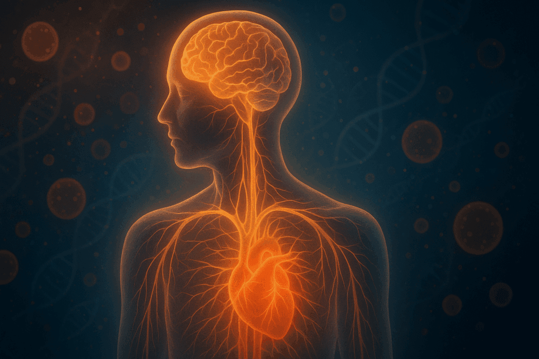 Glowing human silhouette showing nervous system, brain, and heart illuminated to visualize Vitamin B12 Deficiency Symptoms like fatigue, brain fog, and cardiovascular stress.