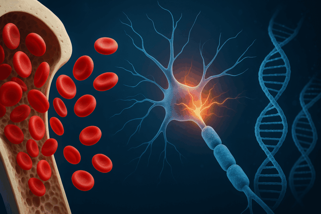 Cellular effects of Vitamin B12 deficiency symptoms shown through disrupted red blood cell formation, impaired neuron function, and faulty DNA synthesis