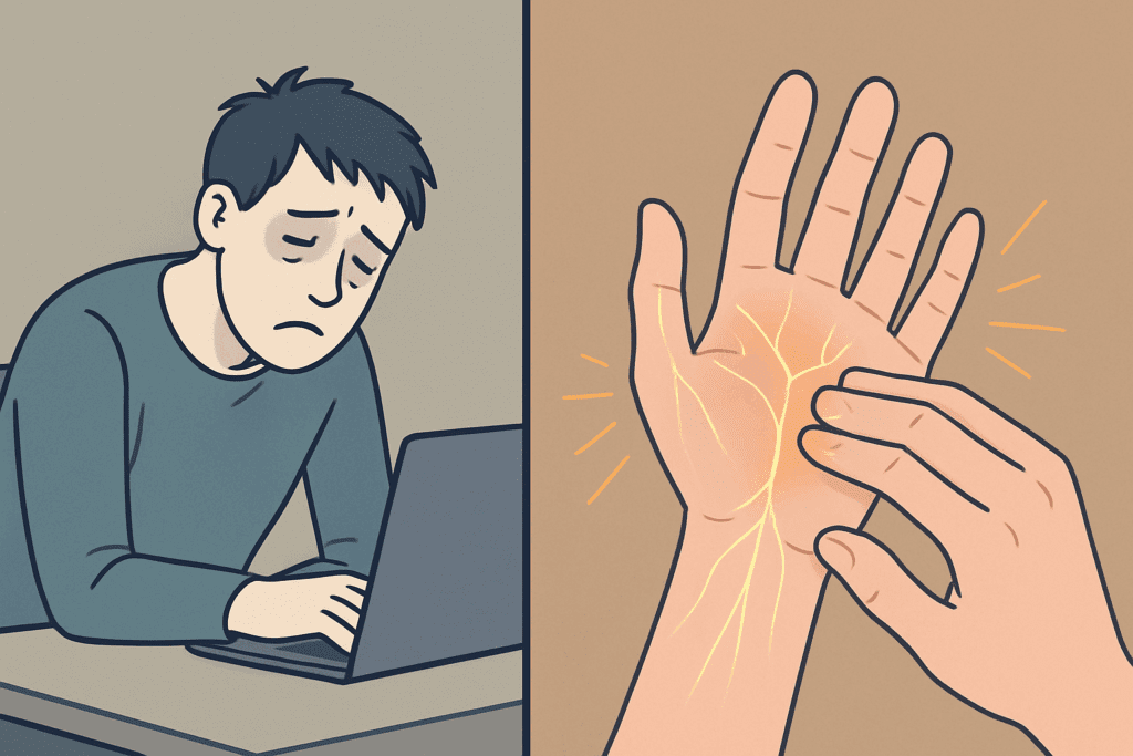 Split illustration showing Vitamin B12 Deficiency Symptoms: a fatigued person with pale skin at a desk and a close-up of tingling hands with glowing nerve pain.