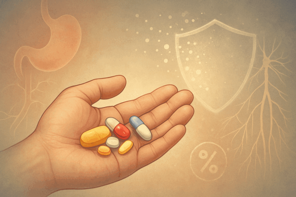 Hand holding assorted pills with faded stomach and nerve illustrations in background, symbolizing medication-induced Vitamin B12 Deficiency Symptoms.