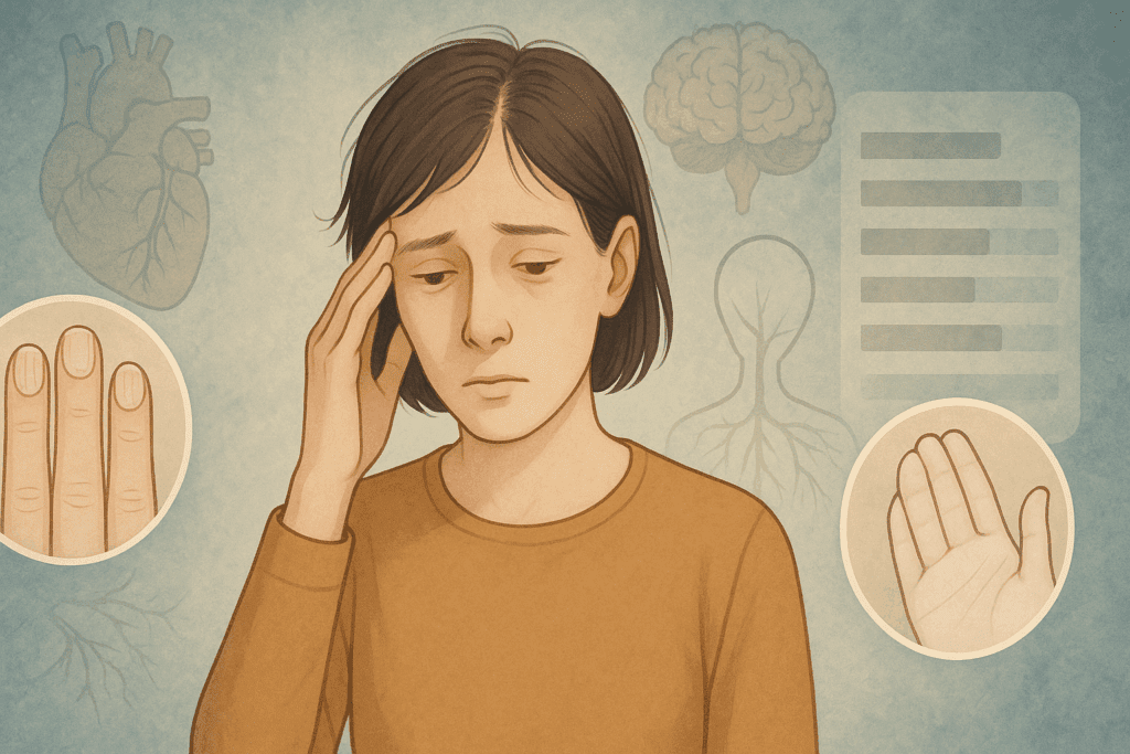 Person showing Vitamin B12 deficiency symptoms like brittle nails, pale skin, thinning hair, with faint overlays of brain, heart, and nerve system.