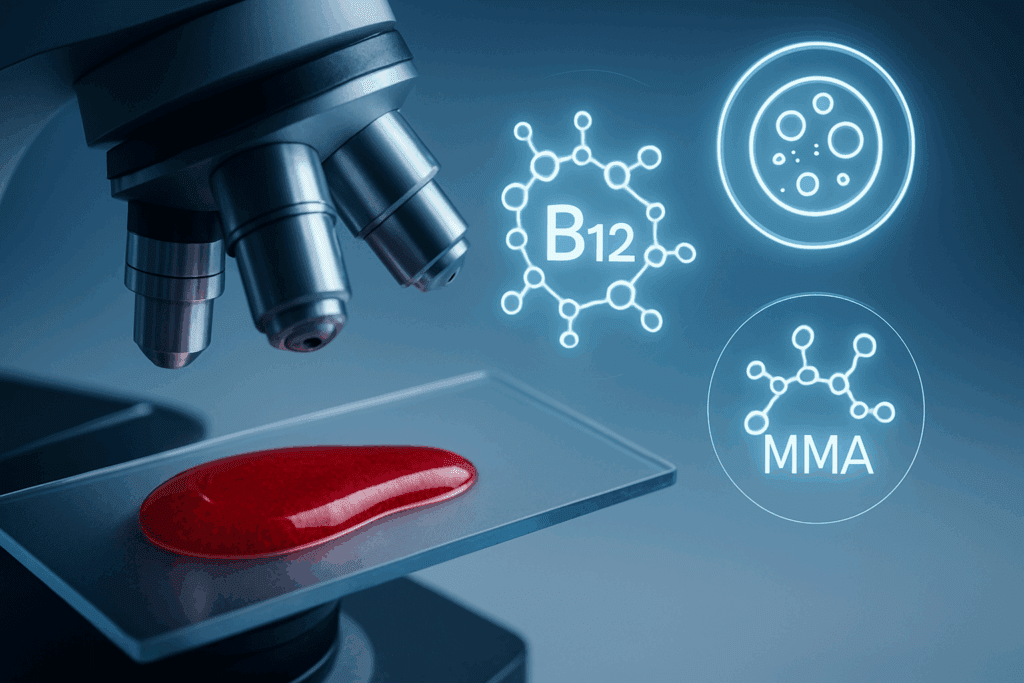 Blood sample under high-tech microscope with molecular markers for Vitamin B12 Deficiency Symptoms, MMA, and homocysteine