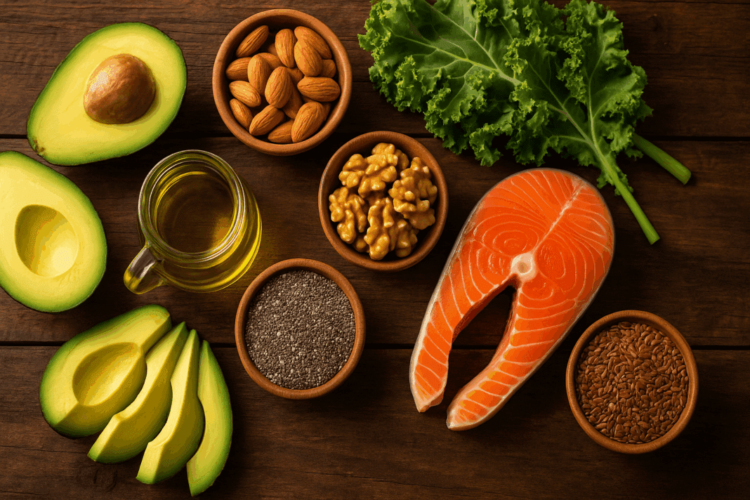Heart-healthy foods rich in monounsaturated fat, including sliced avocados, olive oil, almonds, walnuts, chia seeds, flaxseeds, and salmon, arranged on a rustic wooden table.