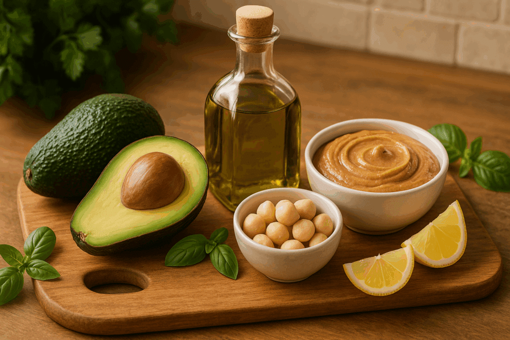 Wooden cutting board with monounsaturated fat-rich foods including ripe avocados, extra virgin olive oil, macadamia nuts, and natural peanut butter, with fresh herbs and lemon wedges, promoting heart health.