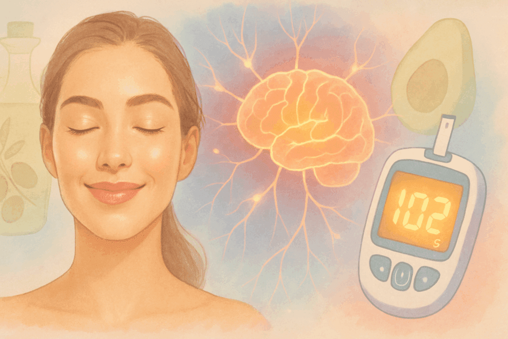 Collage depicting the benefits of monounsaturated fat for wellness, showcasing a radiant face for healthy skin, an abstract brain symbolizing cognitive function, and a glucose meter to represent blood sugar balance. Olive oil and avocado icons blend into a soft pastel background, emphasizing the positive effects of monounsaturated fat beyond heart health.