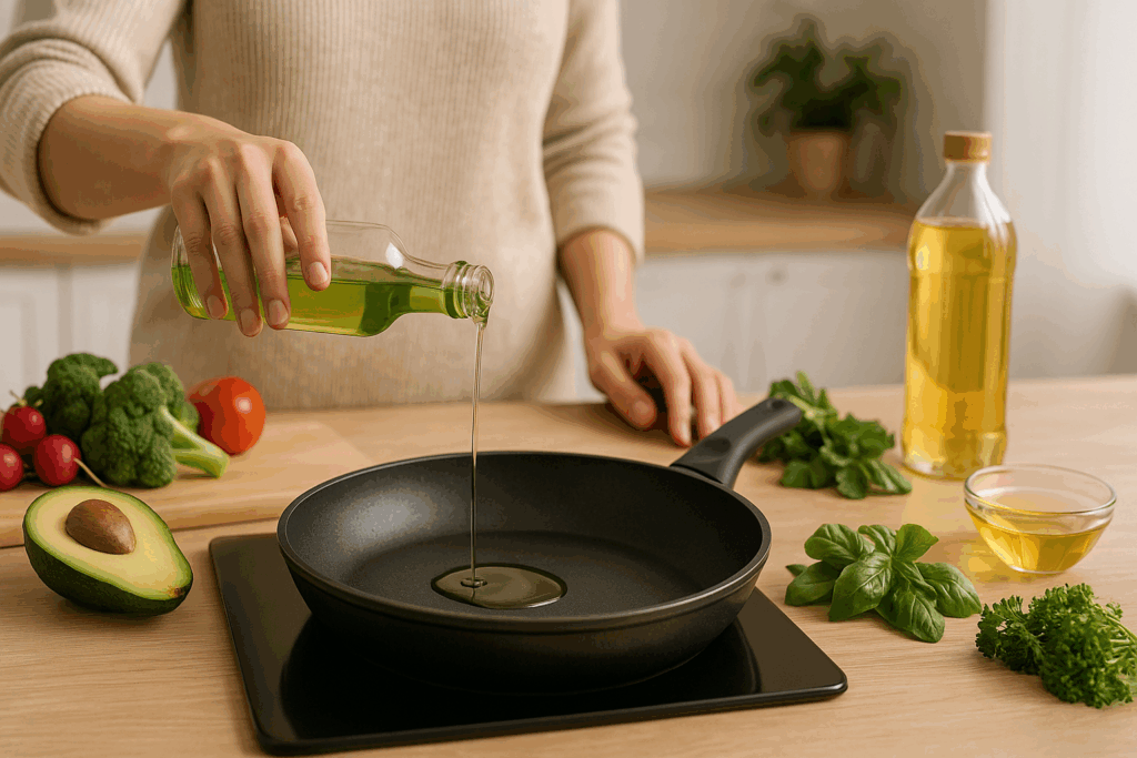 Person drizzling monounsaturated fat-rich avocado oil into a heated skillet with fresh vegetables and herbs nearby, highlighting a healthy cooking scene.