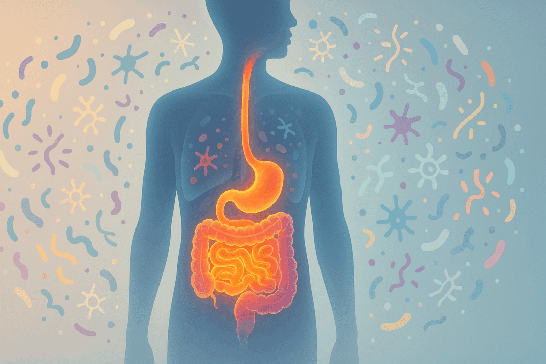 Silhouette with highlighted digestive tract and vibrant enzymes and microbes, illustrating Meaning of Digestion.